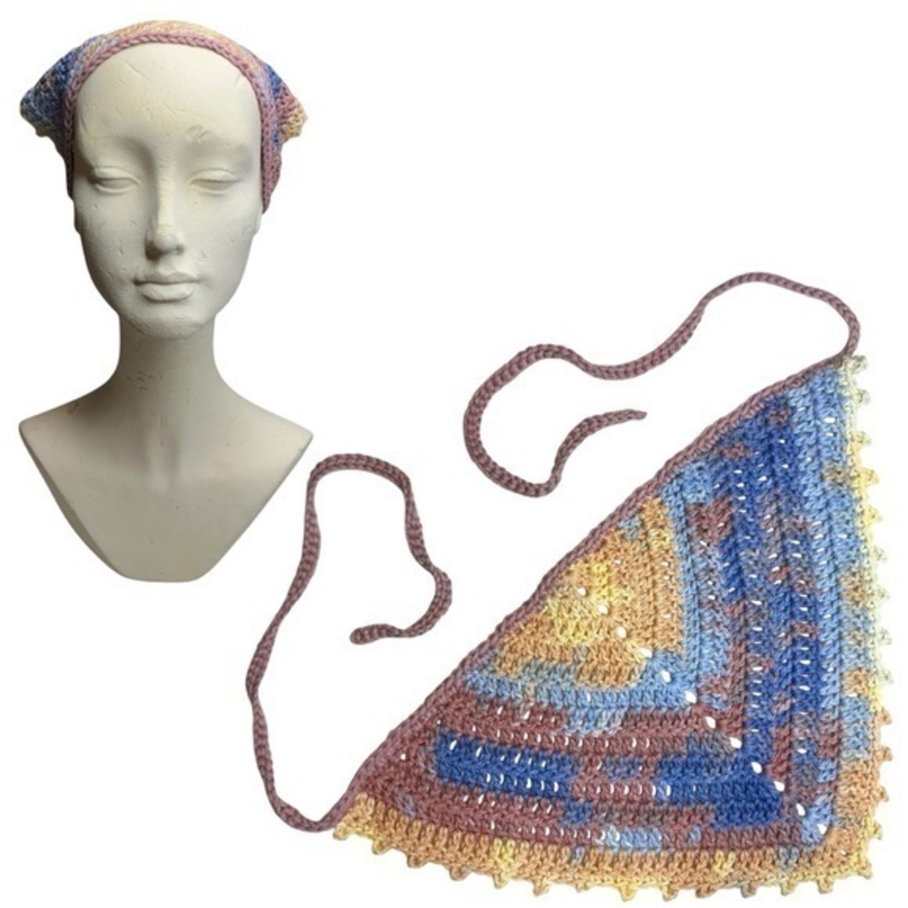 Colorful Crochet Triangle Bandanna Head Scarf Handcrafted Handmade Cotton Boho